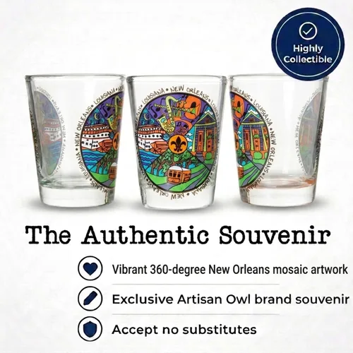 Vista 2 de Artisan Owl Vaso de chupito de recuerdo multicolor icónico de New Orleans Louisiana