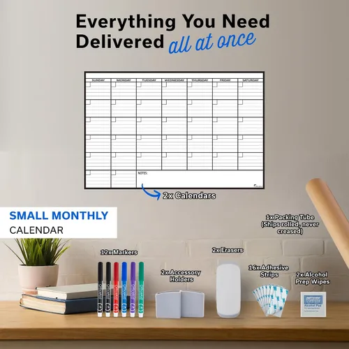 Vista 3 de (2 PK) Pequeño Calendario de Borrado en Seco para Pared, 17x26 Pulgadas, Pequeño Calendario de Pared Borrable, Pizarra Blanca para Oficina, Hogar