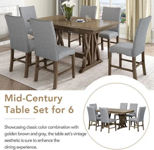 Vista 7 de Mid-Century - Juego de mesa de comedor de 7 piezas con mesa extensible y 6 sillas ergonómicas acolchadas, juego de comedor para 6, mesa de comedor