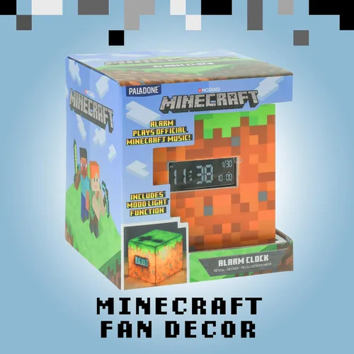 Vista 6 de Paladone Reloj despertador digital con licencia de Minecraft Grass Block, lámpara de luz que reproduce música oficial en juegos, decoración
