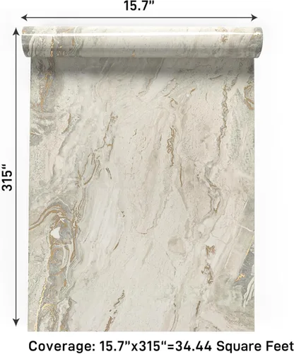 Vista 10 de VaryPaper Papel tapiz de mármol brillante de 15.7''x78.7'', beige-gris-dorado, despegar y pegar, autoadhesivo, grueso, duradero, removible