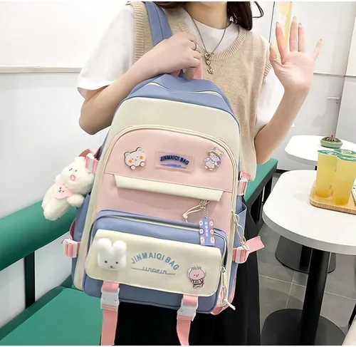 Vista 5 de Juego de 5 mochilas kawaii con colgante de oso y alfileres, suministros de regreso a clases, kit de bolsa de conejito de retazos (azul), Azul