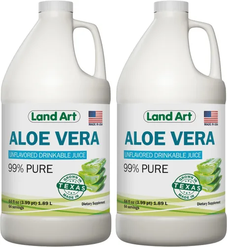 Vista 9 de Land Art Jugo de aloe vera puro – Sabor a granada – Procesado en frío – Filete interior de hojas frescas orgánicas de Texas – Ayuda, 64 onzas