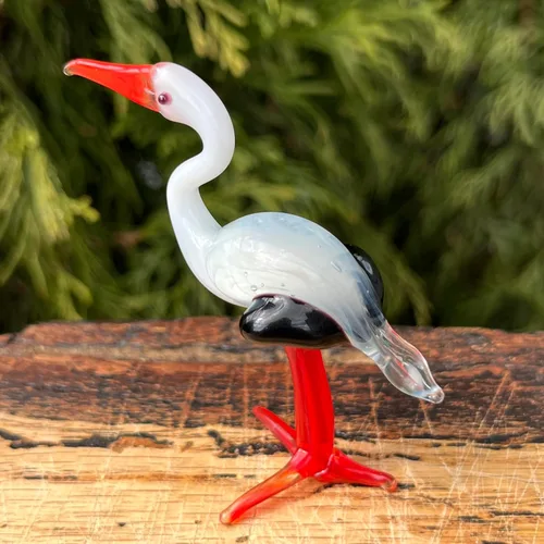 Vista 7 de Figura de cigüeña de cristal, escultura de pájaro de vidrio soplado a mano, adorno de cigüeña en miniatura, figura de animal de vidrio artístico