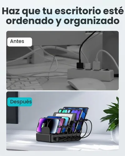 Vista 2 de CREATIVE DESIGN Estación de carga múltiple de 50 W y 6 puertos con 6 cables de carga, base de carga USB para múltiples dispositivos, compatible