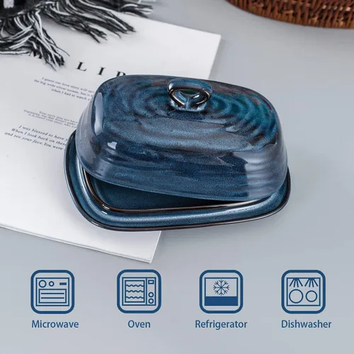 Vista 6 de HASENSE - Mantequillera con tapa, recipiente de mantequilla de porcelana con asa para encimera, gran mantequera y soporte con cubierta para Azul
