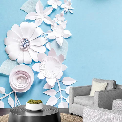 Vista 12 de NWT Calcomanía removible de pared/mural blanco pastel azul margarita, naturaleza, desierto, arte digital, arte moderno, decorativo, floral