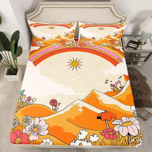 Vista 22 de Juego de sábanas ajustadas estilo 70s hippie retro para cama individual, juego vintage de otoño con hojas florales para niños y niños, juego de ropa