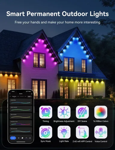 Vista 6 de Luces permanentes para exteriores, 200 pies inteligentes IC+RGB luces de Navidad para exteriores con 144 LED, IP67 impermeable LED aleros