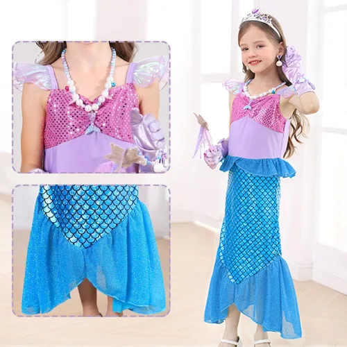 Vista 5 de Disfraz de sirena para niñas pequeñas, disfraz de princesa Ariel con accesorios, peluca para fiesta de cumpleaños, Halloween, cosplay