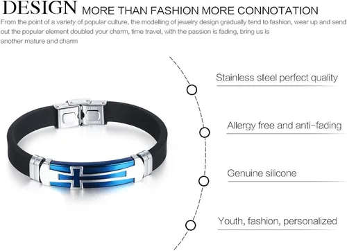 Vista 5 de M.JVisun Pulsera cruzada de silicona deportiva para hombre, regalo de confirmación para niños, pulsera de 7.87 pulgadas, Acero inoxidable Silicona