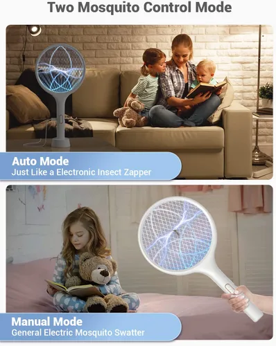 Vista 4 de YISSVIC Matamoscas eléctrico de 4000 V, raqueta matamoscas de insectos de doble modo con luz de mosquitos morada recargable para interiores, hogar