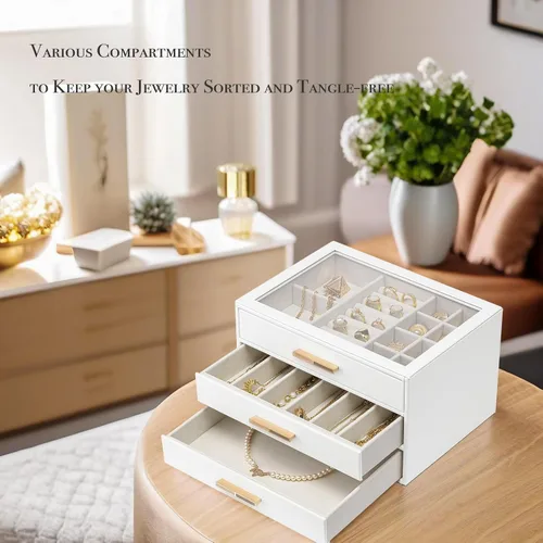 Vista 5 de Vlando - Joyero con 3 cajones y tapa de vidrio, organizador de cuero sintético para anillos, aretes, collares y más, estuche de joyería listo