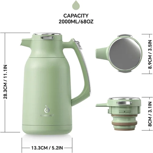 Vista 5 de IDEUS Jarra térmica para café 68oz (2,000ml), Jarra de acero inoxidable de doble pared aislada al vacío, Jarra de agua, servidor de café