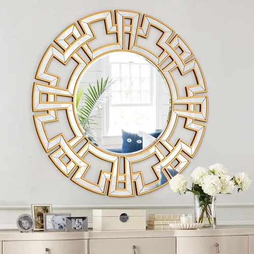 Vista 13 de Chende - Espejos negros para decoración de sala de estar, espejo redondo grande de 32 pulgadas con vidrio de borde biselado, espejo de pared