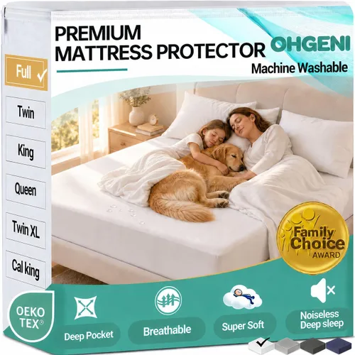 Vista 32 de OhGeni - Protector de colchón impermeable, tamaño Queen, con bolsillo profundo de 6 a 18 pulgadas, transpirable, sin ruido, suave, lavable, a prueba