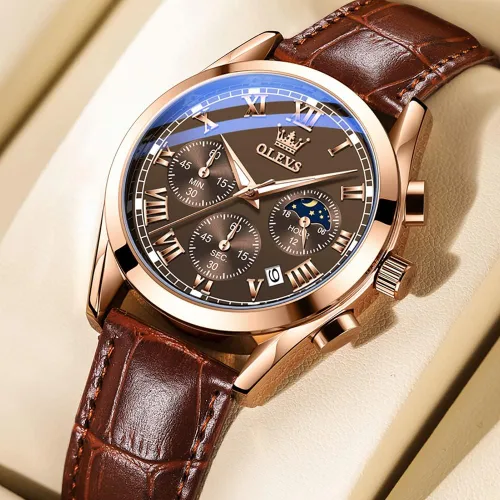 Vista 8 de OLEVS Relojes para hombre, correa de cuero, reloj analógico de cuarzo, reloj impermeable con esfera grande de moda, relojes luminosos de lujo