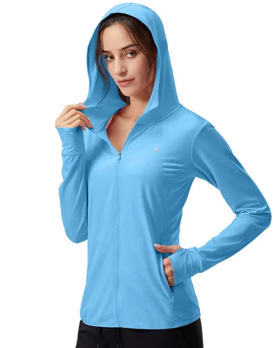 Vista 18 de Soothfeel Chaqueta con capucha y protección solar UPF 50+ para mujer, ligera, de manga larga, con bolsillo, para senderismo al aire libre d-celeste