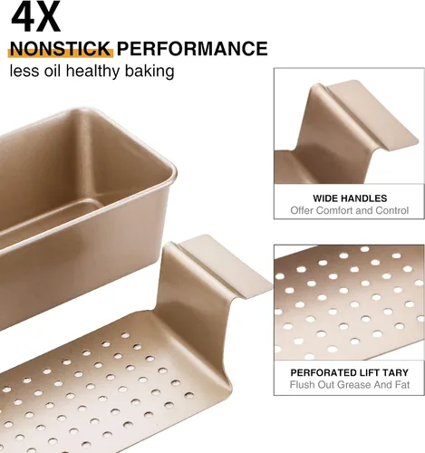 Vista 5 de HONGBAKE Sartén para pastel de carne con bandeja de drenaje, moldes para pan de 9 x 5 con inserto, pan de carne antiadherente para hornear, reduce
