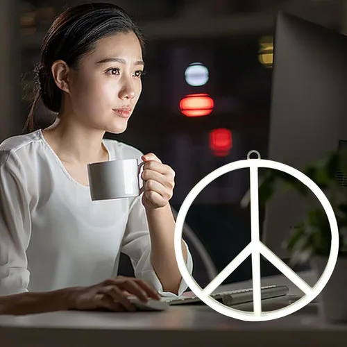 Vista 5 de OSALADI Letrero de paz de neón de 8.66 pulgadas, funciona con pilas, lámpara de noche alimentada por USB, letrero de paz para decoración de pared