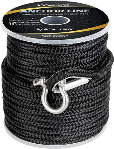 Vista 2 de MARINE SYSTEM Made - Cuerda de anclaje de nailon de 3/8 pulgadas, 100 pies, 150 pies, color negro y gris, cuerda de anclaje doble trenzada con dedal
