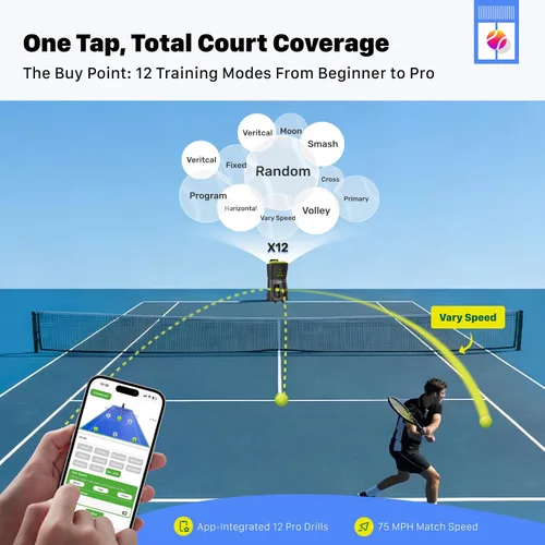 Vista 2 de Máquina de pelotas de tenis PT-Smart: control de aplicación con 12 modos de entrenamiento incorporados, giro de 6 niveles, 28-Pt, 75 MPH, 32.6