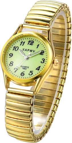 Vista 12 de JewelryWe Reloj de lectura fácil ultrafino para mujer con correa elástica de tono dorado/plateado