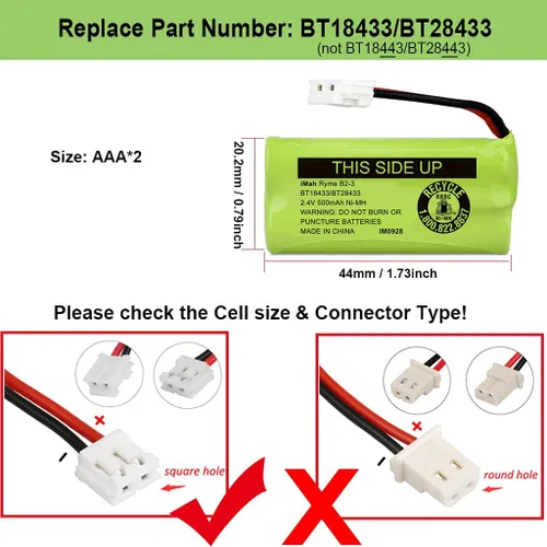 Vista 2 de iMah BT18433/BT28433 2.4V 500mAh Ni-MH batería inalámbrica para teléfono, también compatible con AT&T BT184342/BT284342 BT8300 BT1011 BT1018 BT1022