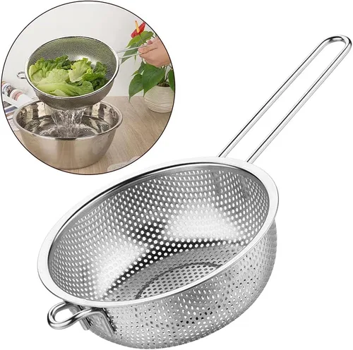 Vista 8 de Colador de lavabo de acero inoxidable con asa, colador de alimentos de cocina de malla fina, coladores grandes de metal para pasta, fideos, verduras