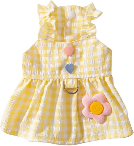 Vista 8 de Vestido para perro con manga abombada, amarillo limón, girasol, piña, a cuadros, ropa de verano para perros pequeños y niñas Botón de amor