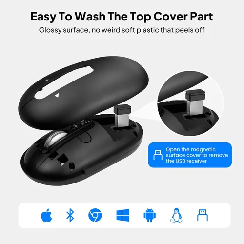 Vista 8 de Ratón Bluetooth inalámbrico, USB + BT × 2, Slim Pebble Multi Device Small Travel Ratones de viaje, Metal 4 Way Super Scrolling, ± 3000 DPI, 8