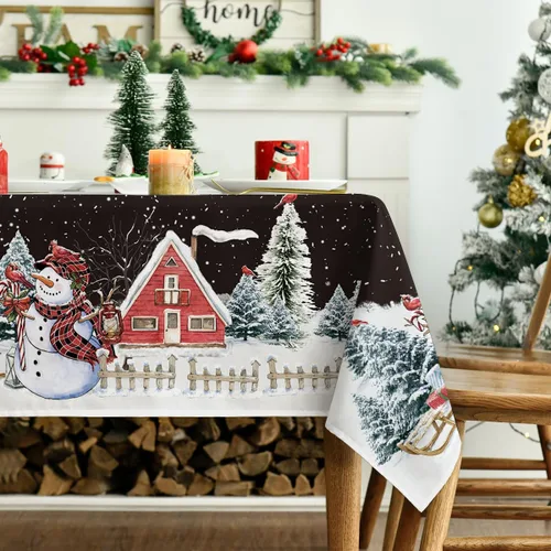 Vista 3 de Horaldaily Mantel de Navidad rectangular de 52 x 70 pulgadas, casa de muñeco de nieve de invierno, árboles de Navidad, color negro, lavable