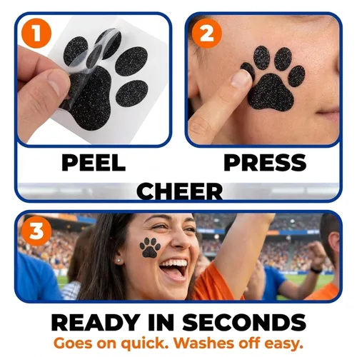 Vista 3 de Anderson's Juego de 100 calcomanías negras con purpurina para el cuerpo, tatuajes, Cheek Cheek Cheers, equipo para fanáticos de los deportes