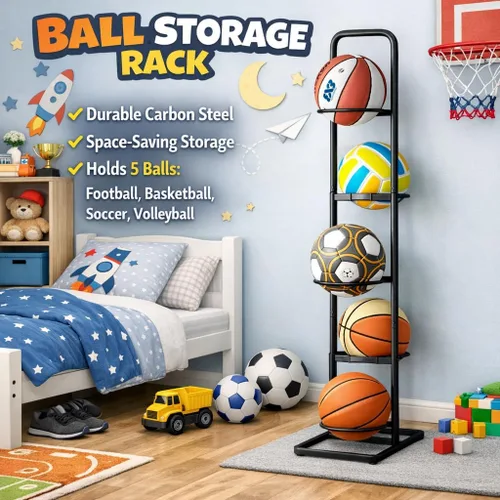 Vista 8 de Estante de almacenamiento vertical para bolas, soporte organizador deportivo ajustable de 5 niveles para baloncesto, fútbol, voleibol y más