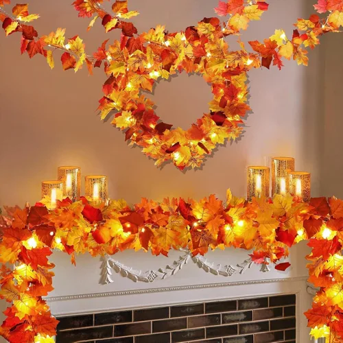 Vista 10 de Paquete de 2 guirnaldas de hojas de otoño con luces, funciona con pilas, decoración de Acción de Gracias Extra Long 23.6Ft Maple Garland with
