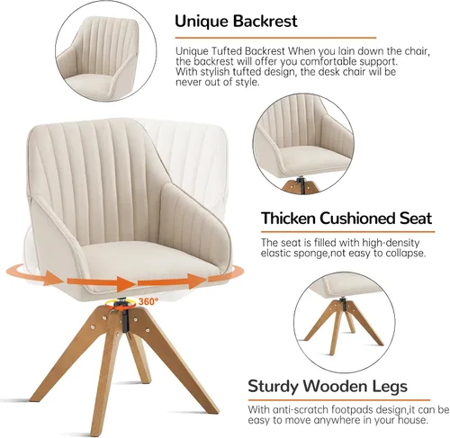 Vista 4 de Furniliving Silla Giratoria de Acento Moderna de Mediados de Siglo para Sala de Estar, Silla de Escritorio de Madera con Brazos, Sillas con Brazos