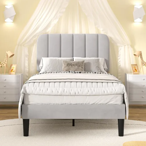 Vista 39 de VECELO Base de cama tapizada de tamaño matrimonial con 4 cajones y cabecero, plataforma de terciopelo, soporte de listones de madera, no necesita