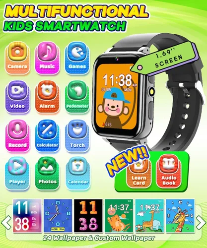 Vista 2 de Reloj inteligente para niños y niñas de 4 a 12 años, 26 juegos, pantalla táctil HD de 1.69 pulgadas, relojes para niños con cámara de video
