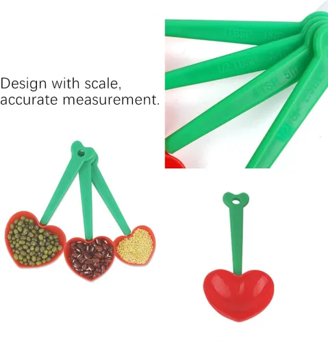 Vista 3 de Cucharas medidoras de cereza, 2 cucharaditas medidoras de plástico con forma de corazón, juego de cucharas medidoras de plástico para líquidos