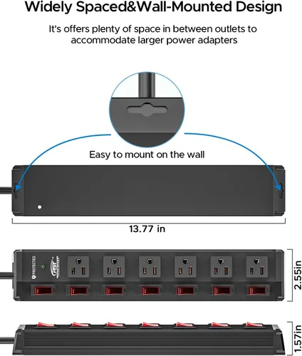 Vista 7 de CRST Regleta de alimentación de metal de 6 tomas con interruptores individuales, protector contra sobretensiones montable para garaje, taller