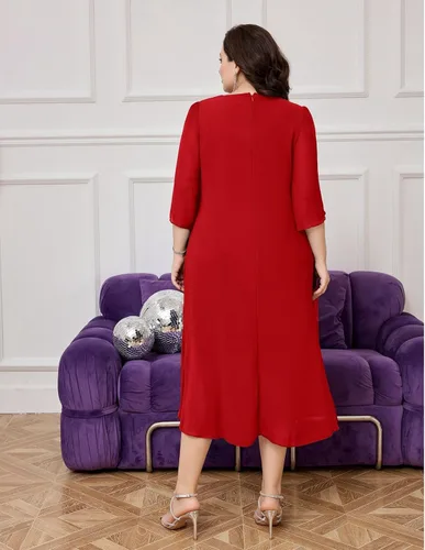 Vista 5 de Hanna Nikole Vestido de cóctel de gasa para mujer, talla grande, con volantes, manga 34, vestidos de fiesta de invitados de boda con dobladillo alto