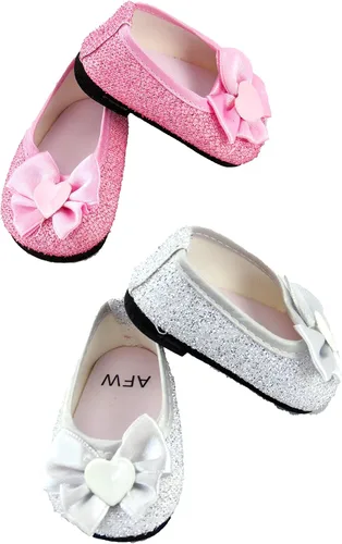 Vista 4 de American Fashion World Zapatos planos con lazo de diamante metálico rosa intenso, lavanda y verde azulado para muñecas de 14 pulgadas, paquete de 3