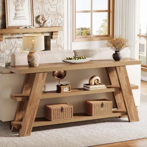 Vista 3 de Tribesigns - Mesa consola extralarga de 70.9" con almacenamiento, mesa de sofá estrecha de 3 niveles en madera detrás del sofá, mesa de entrada