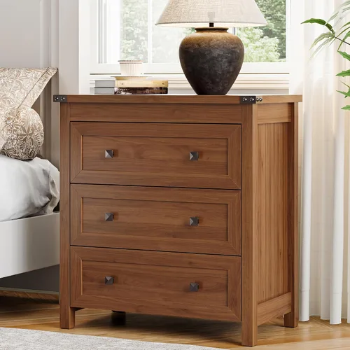 Vista 11 de Cómoda para dormitorio con 3 cajones, cajones pequeños de 27.55" de ancho, cómoda de madera estilo granja, mesita de noche, gabinete de cabecera