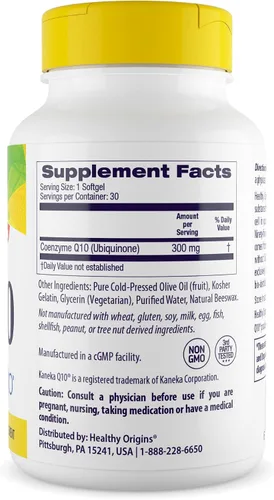 Vista 2 de Healthy Origins CoQ10 300 mg (Kaneka Q10, sin OMG, sin gluten, apoyo cardíaco, apoyo energético), 30 cápsulas blandas