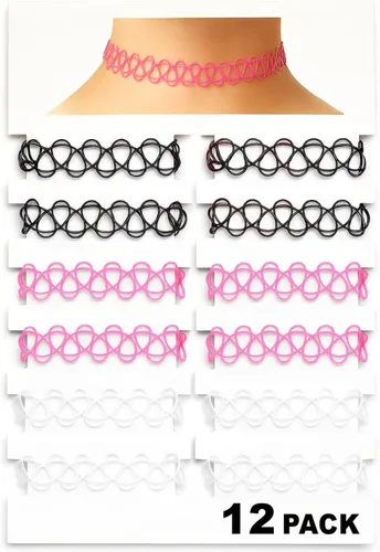 Vista 45 de BodyJ4You Juego de 12 gargantillas elásticas estilo tatuaje, accesorios y joyería de los años 90 y 2000, rosado, azul, verde, colorido, arcoíris
