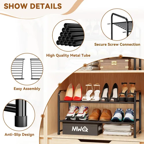 Vista 5 de Zapatero simple de 2 niveles y 27 pulgadas de ancho, estante organizador de zapatos de metal resistente para entrada, puerta delantera, color negro