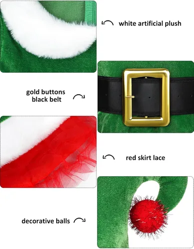 Vista 4 de AOTHSO Conjunto de disfraz de elfo de Navidad para niñas, disfraz de elfo, vestido de terciopelo, sombrero de elfo, cinturón de oreja, calcetines a