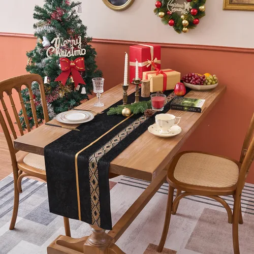 Vista 2 de Camino de mesa, lujo de lentejuelas de terciopelo con tira de plumas doradas con purpurina, cocina de temporada, comedor, decoración del hogar