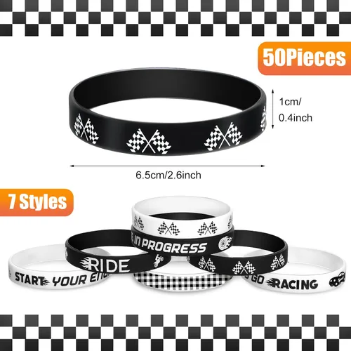 Vista 2 de Zhanmai 50 pulseras de goma con bandera de carreras para autos de carreras de 2.56 pulgadas, pulseras de bandera a cuadros de carreras para adultos